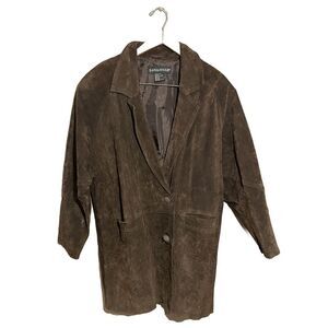 Savannah Retro Leather Coat Womens Medium Brown Button‎ Pockets Oversized Brown